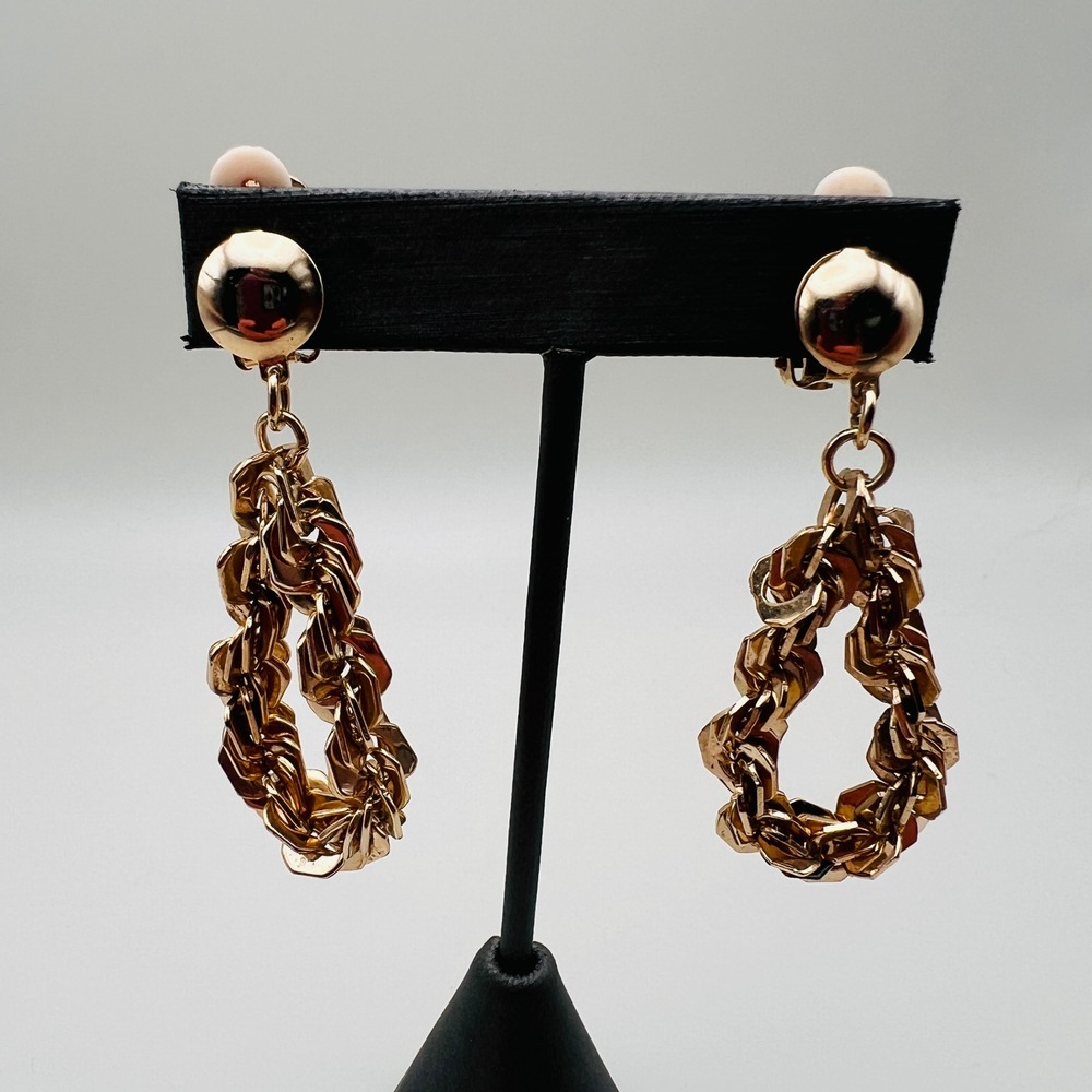 Vintage Chunky Curb Chain Clip On Earrings Gold Tone Teardrop Statement Earrings